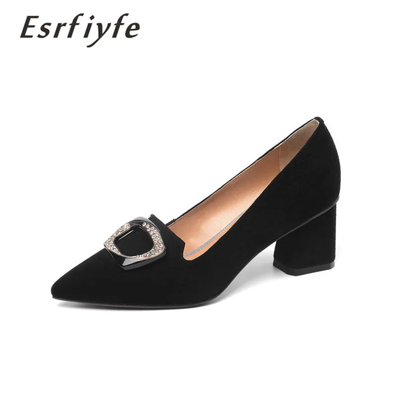 

ESRFIYFE 2019 New Women Spring Summer Shoes Genuine Suede Leather Square High Heels Shoes Woman Pumps Slip on Offic Ladies Shoes