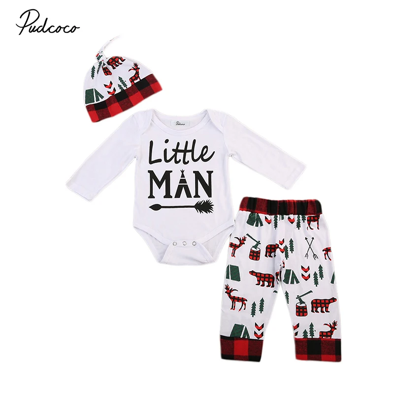 2017 Christmas Newborn Baby Boy Clothes Little Man Long Sleeve Bodysuit Tops+Pant Hat 3PCS Outfit Xmas Toddler Kids Clothing Set |