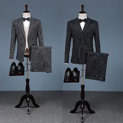 2018 Англия Стиль черный и серый длинные полосы шаблон куртка брюки костюм ретро тонкий свадебные костюмы для жениха S-3XL