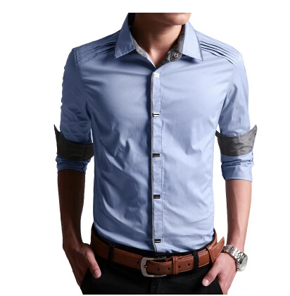 Весна Для мужчин с длинным рукавом Твердые хлопковые рубашки Для мужчин Бизнес торжественное платье Рубашки для мальчиков Camisa социальной masculina M-3XL - Цвет: Lt Blue