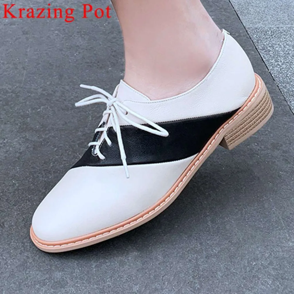 

Krazing Pot brand full grain leather square toe lace up concise style low heels mixed colors preppy British school pumps L18