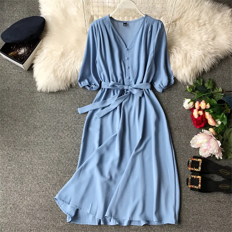 2020 Spring V Neck Summer Bandage Midi Long Dress Vestido De Festa Party tunic dress Women Casual Elegant High Waist Vestidos