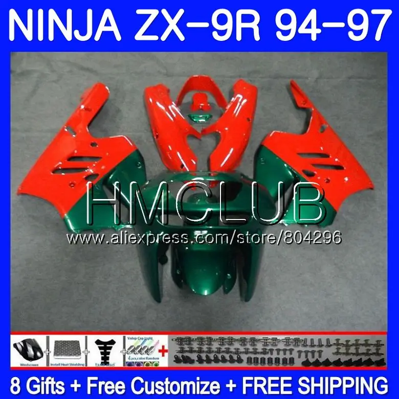 

Bodys For KAWASAKI NINJA ZX900 Red green ZX-9R 94 95 96 97 46HM.21 ZX 9 R 94 97 ZX 9R 900CC ZX9R 1994 1995 1996 1997 Fairing
