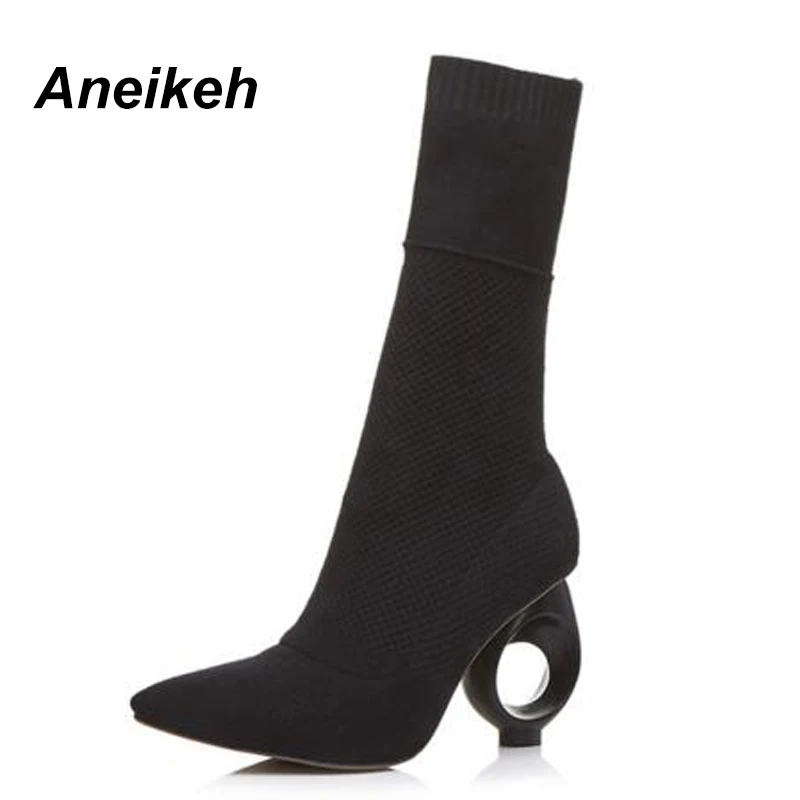 Aneikeh 2019 Trendy Design Stretch Sock Boots Ankle Long Strange Fretwork Heels Pointy Knitted Boots Size 34 – 40 Black Apricot