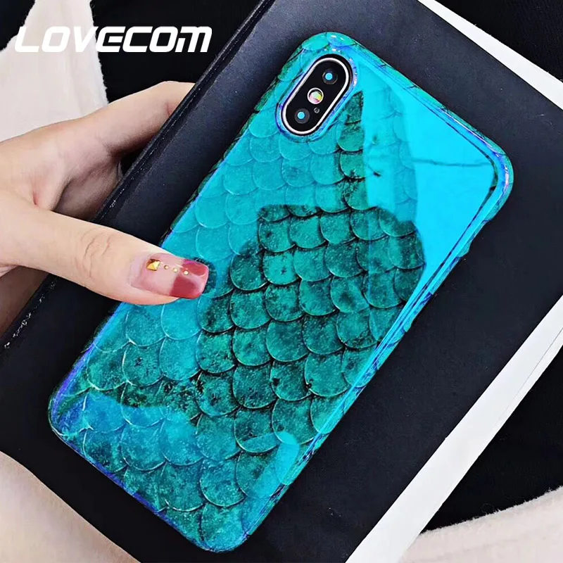 LOVECOM Blu-Ray Phone Case For iPhone XS XR XS Max X 8 7 6 6S Plus Laser Blue Fish Scale Soft IMD Retro Phone Back Cover Cases