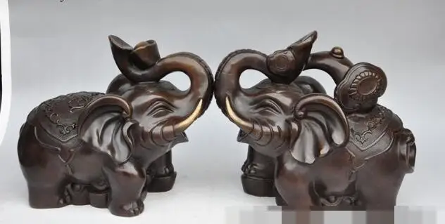 

S00354 11"chinese bronze wealth money coin ingot ruyi animal elephant lucky statue pair B0403