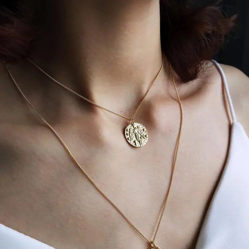 Gold Color Round Coin Pendant Necklaces 925 Sterling Sliver Disc Chain