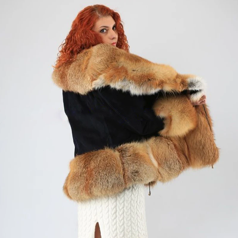 Real Fur Coat Women With Rex Rabbit And Red Fox Fur Coat New Style Top Quality Fur Coat Winter Warm Rex Rabbit Fur Jacket FC-191