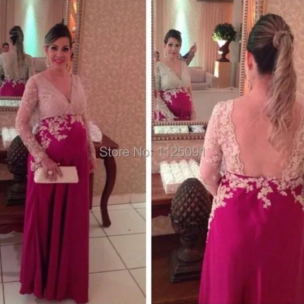 

Maternity Evening Dresses Long Sleeves V Neck Appliques Lace Chiffon Plus Size Backless Prom Dresses Hot Pink Formal Dress