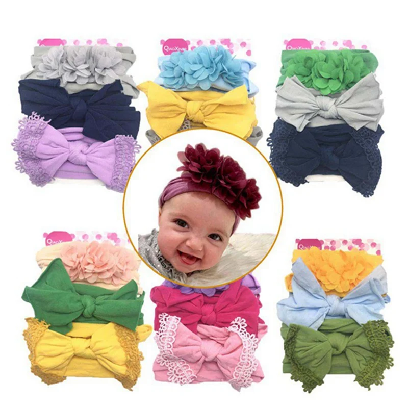 

3pcs/set Elastic Flower Headbands for Baby Girls Hair Accessories Baby Girls Bow Nylon Turban Skinny Stretchy Rubber Hair band