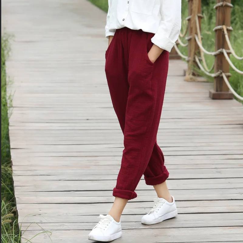 

Linen Cotton Pants For Women Elastic Waist Solid Black Red White Cotton Women Harem Pants Casual Loose Trousers Femme Streetwear