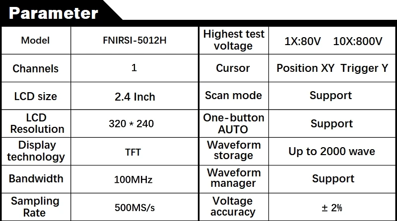 FNIRSI-5012H 2,4-дюймовый ips экран цифровой осциллограф 500 мс/с частота дискретизации 100 МГц аналоговый, диапазон пропускания Поддержка хранения