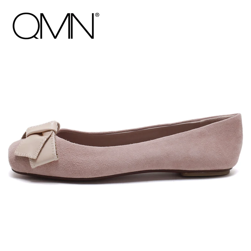 QMN women genuine leather ballet flats Woman Bow Embellished Natural Suede Slip On Leisure Shoes Woman Square Toe Leather Flats