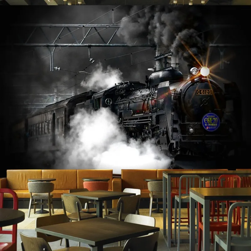 Фото обои ретро Ностальгический черный белый паровой поезд фреска на заказ кафе бар фреска фон Настенные обои