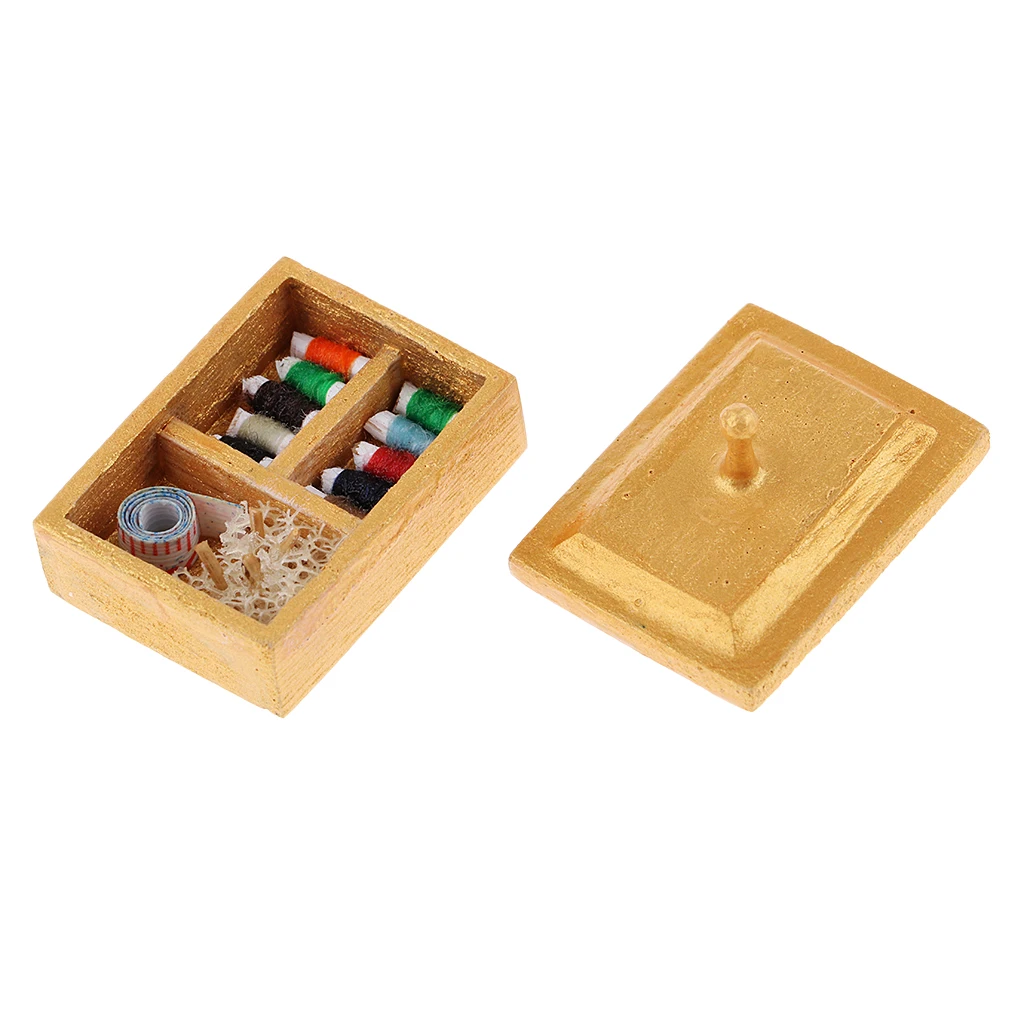 1/12 Golden Sewing Box Set Knitting Threaded Spool Wooden Miniature Dollhouse Life Scenes Decor Accessories