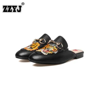 ZZYJ 2017 Summer New Fashion Brand Genuine Leather Sandals Slippers Flat Woman Shoes Metal Buckles Embroidery Flower Big size