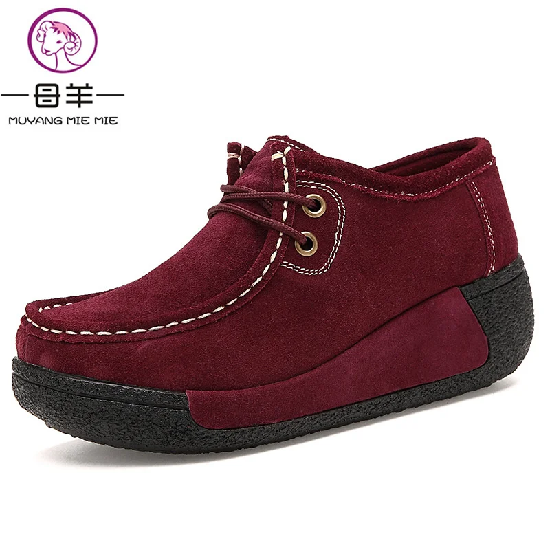 MUYANG Chinese Brand Fashion High Heels Women Genuine Leather Single Wedge Platform Shoes Woman Swing Casual Wedges Women Pumps