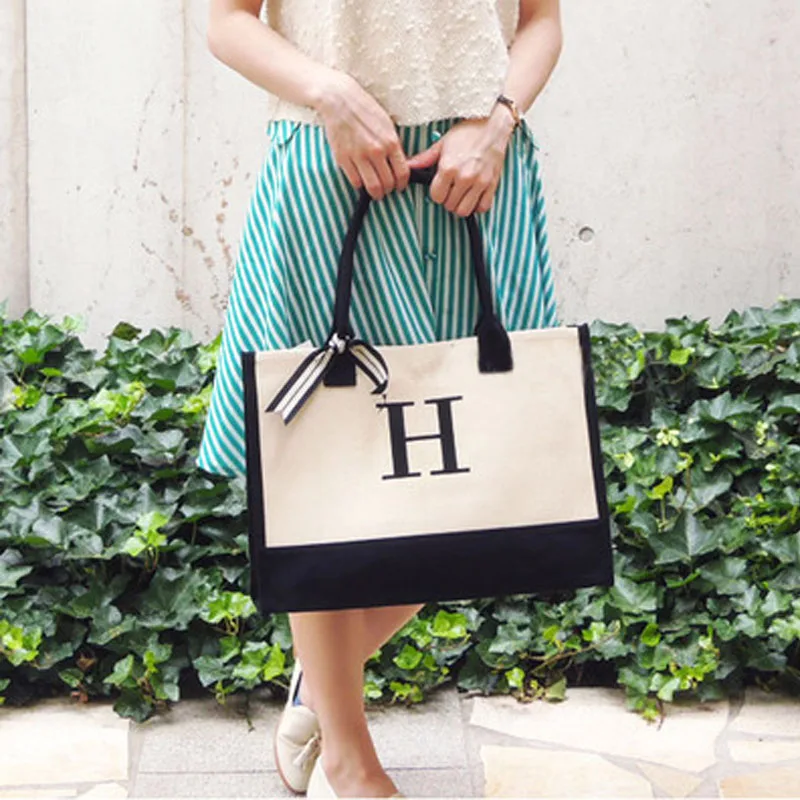 Monogramable Medium Size Initial Letter Tote Canvas Tote, Wholesale Casual Tote With Contrast ...