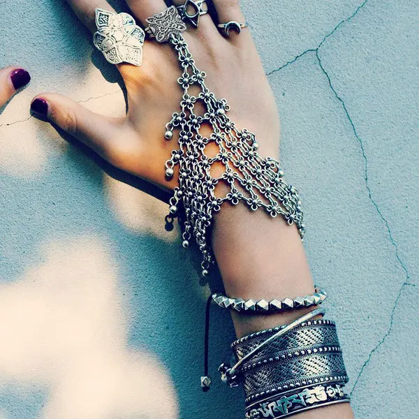 

Bohemian Gypsy Turkish Flower Silver Gypsy Ethnic Tribal Festival Statement Slave Chain Harness Bracelet