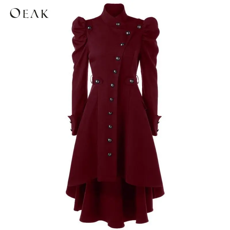

OEAK 2019 Women Puff Shoulder Button Up Dip Hem Trench Coat Vintage Outwear Female Fashion Gothic Coat Plus Size Windbreaker