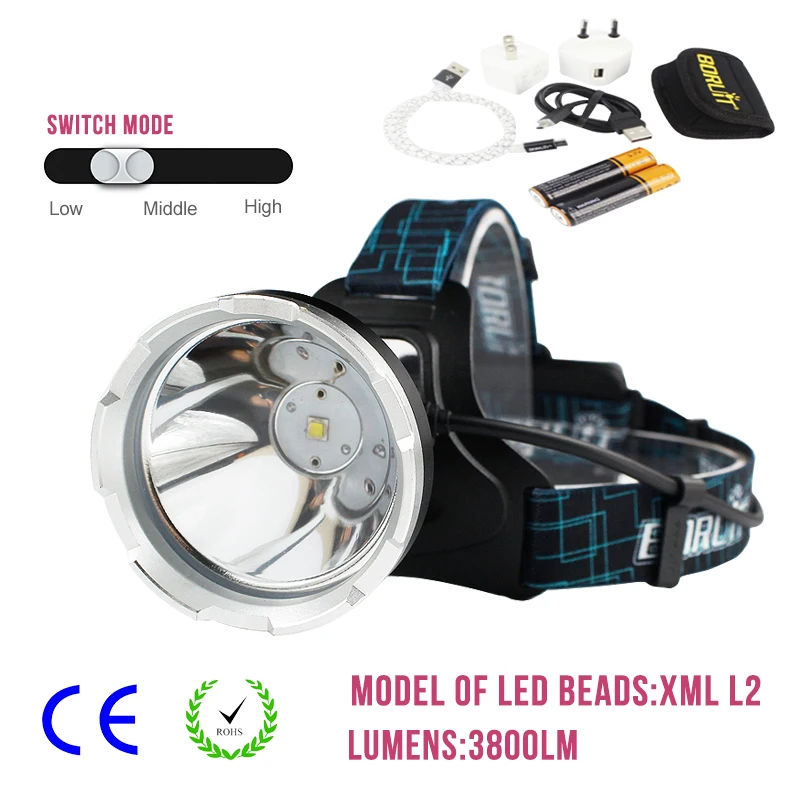 

Headlamp B10 XM-L2 LED Zoom 3-Mode Headlight Flashlight Waterproof Head Torch Perfect for Hunting Fishing Camping with Batteries