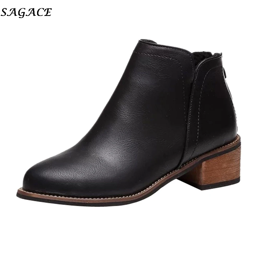 

SAGACE 2018 new Hot Fashion Women Boots Ankle Boots Scrub Thick Heel Lady shoes pointed head PU leather Elastic Martin Boots #35