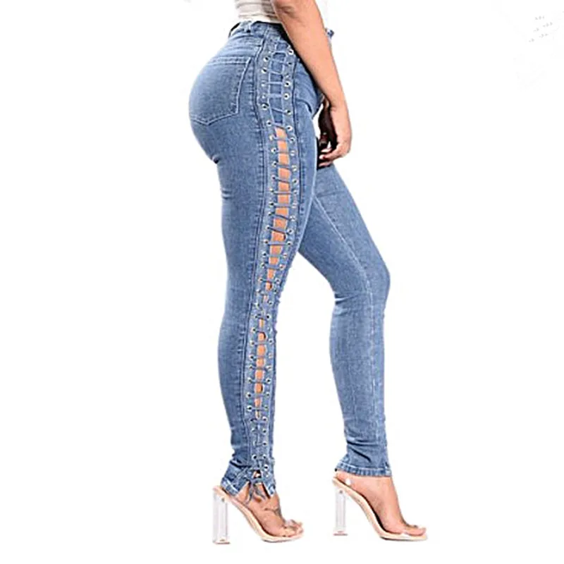 

2019 New Fashion Lace Up Jeans Woman Straight Eyelet Denim Jeans For Women Pencil Pants