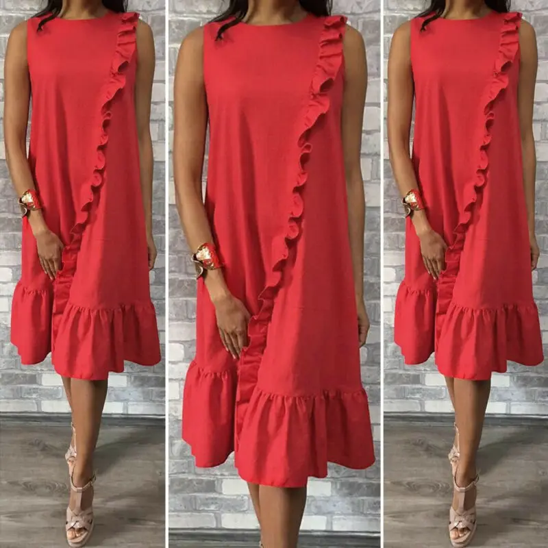 

2019 New Women Summer Boho Sleeveless Ruffle Loose Casual Dress Cocktail Party Beach Dress Sundress