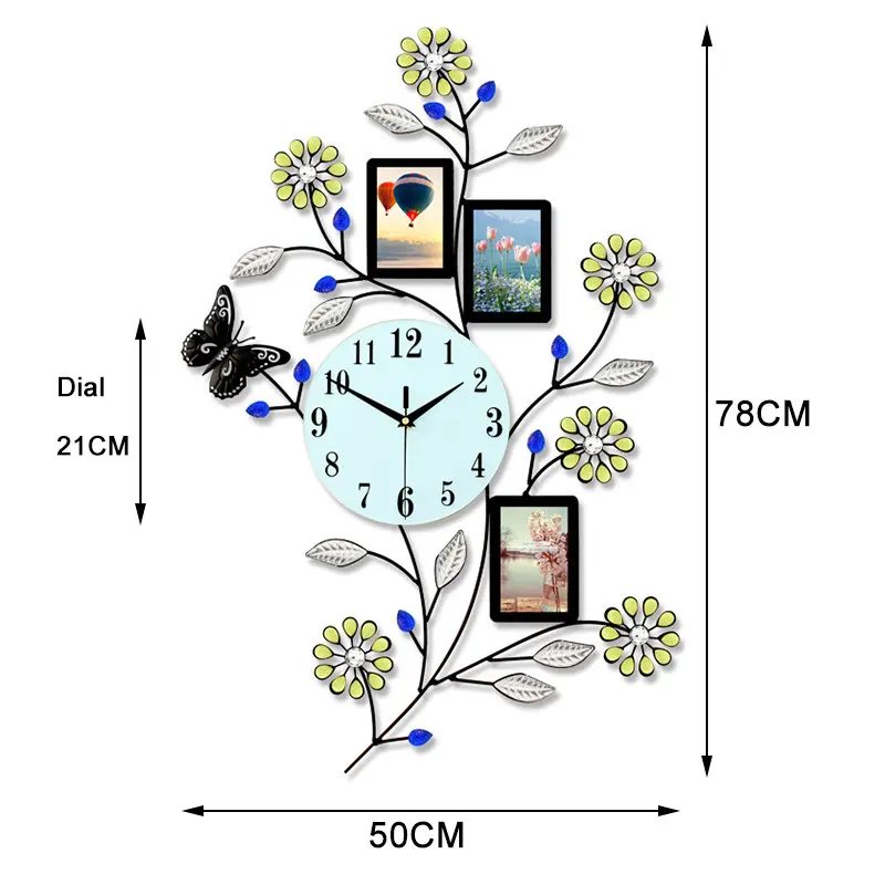 Цветок хрустальные настенные часы современный дизайн Павлин 3D большие часы настенные часы кухня спальня домашний декор с фоторамкой - Цвет: 2
