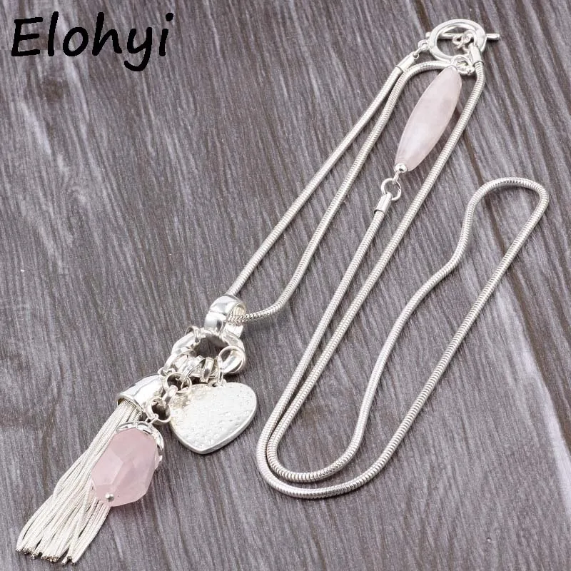 

ELOYHI Simple Heart Chain Tassel Natural Stone Sweater Snake Chain Top Quality Plated For Women Trendy Neckalce&Pendants Gifts