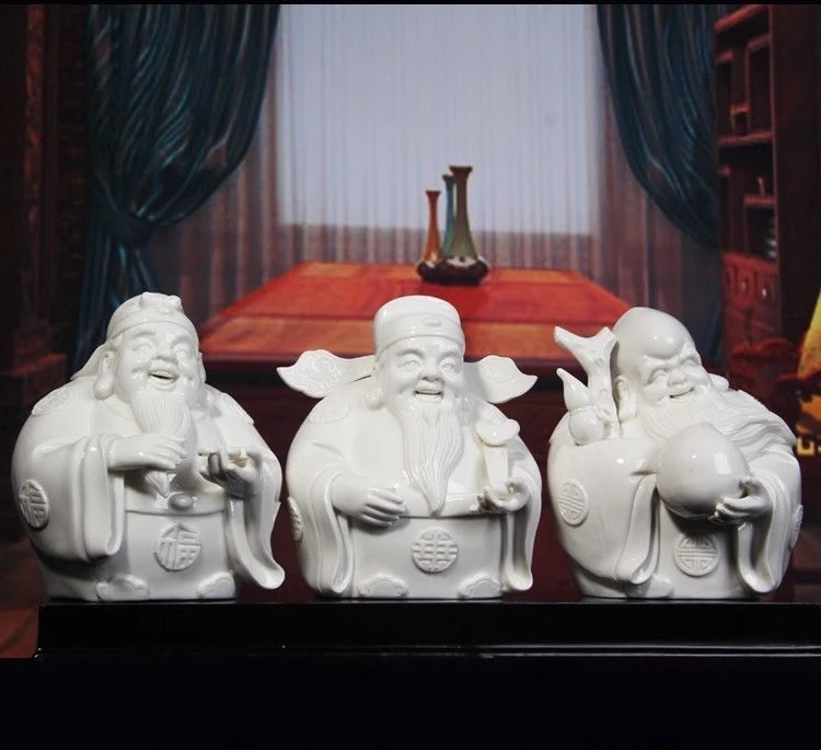 China Pottery Dehua White Porcelain Fu Lu Shou Longevity God Buddha Ruyi Statue | Дом и сад