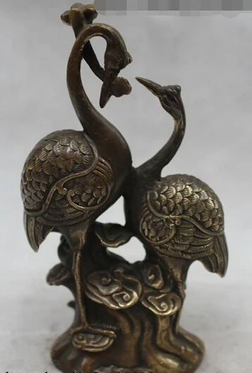 

wholesale factory 8" Chinese Folk Feng Shui Bronze Two Red -Crowned Crane Hold Ru Yi Statue