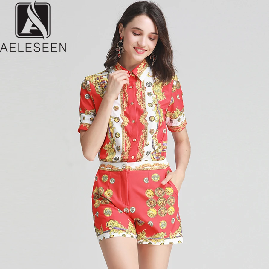 

AELESEEN Women Suits Casual Clothing 2019 Summer New Style Ethnic Tops + Shorts Gold Printed Elegant Women Sets