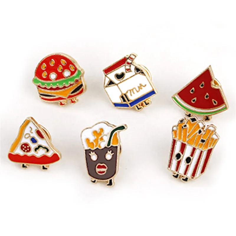 6Pcs/set New Button Pins Watermelon Hamburger Pizza Brooch Set Hard Enamel Pin Badge Food French Fries Chips Cola Milk