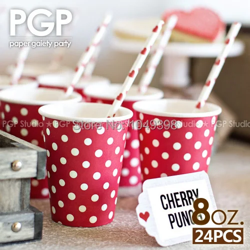 

[PGP] 8oz Red Polka Dot Paper Drinking Cups, for Easter Kids Birthday Baby shower Mickey Mouse Rose theme Valentine's Day Party