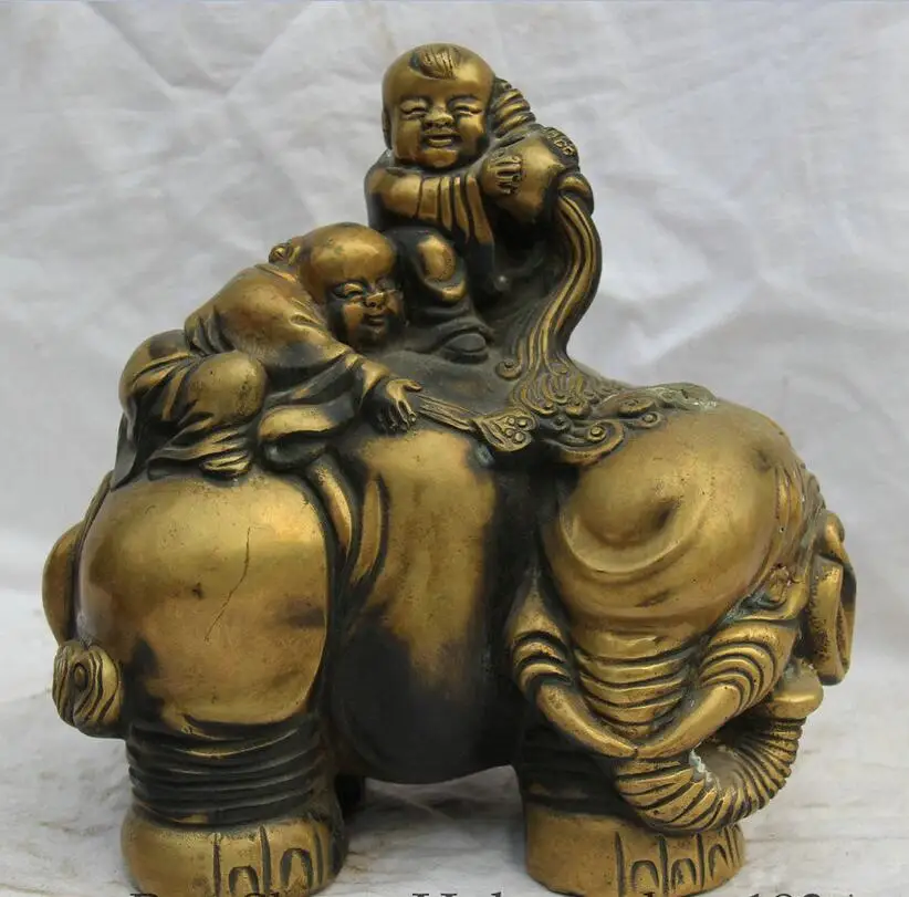 

fafa8800140<<10" Chinese Brass Tong Zi Boy Girl Hand Sea snail Ride Elephant Statue Sculpture