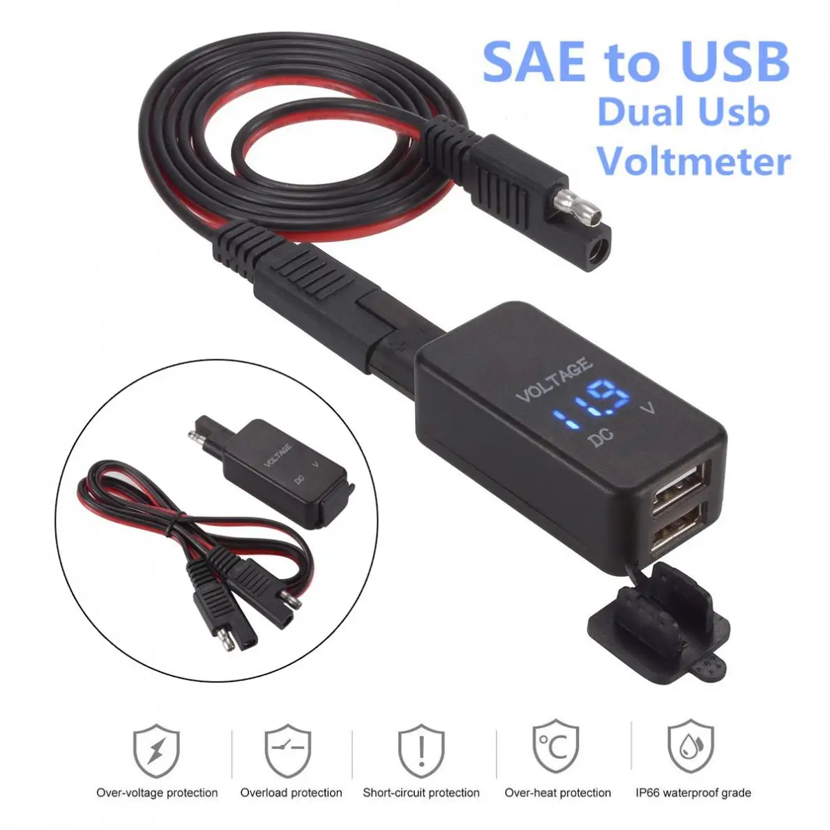

12V/24V 2.1A SAE Dual USB Cable Adapter Power Socket Smart Phone Tablet GPS Charger with Voltmeter for Motorcycle Car Boat