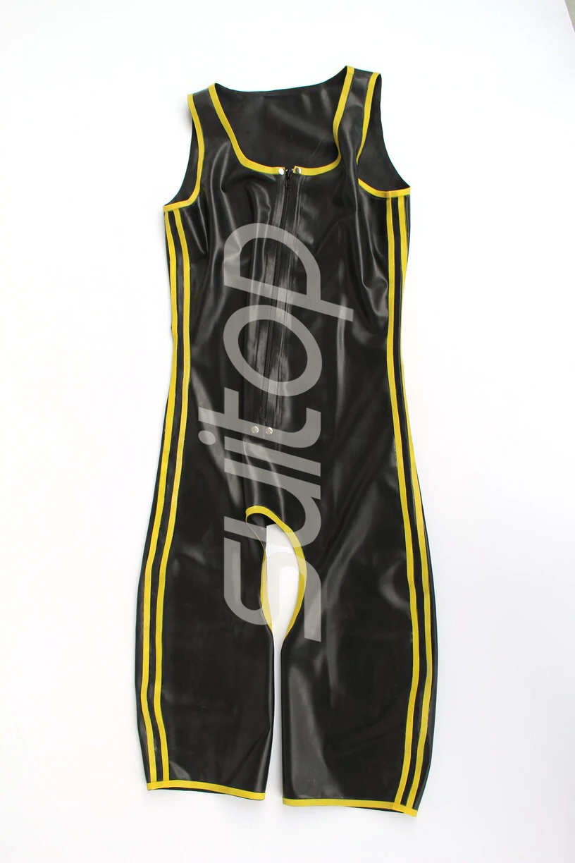 

Free shipping Wet Look Sexy Men Latex Catsuit rubber jumpsuits (Black and yellow trim) open crotch