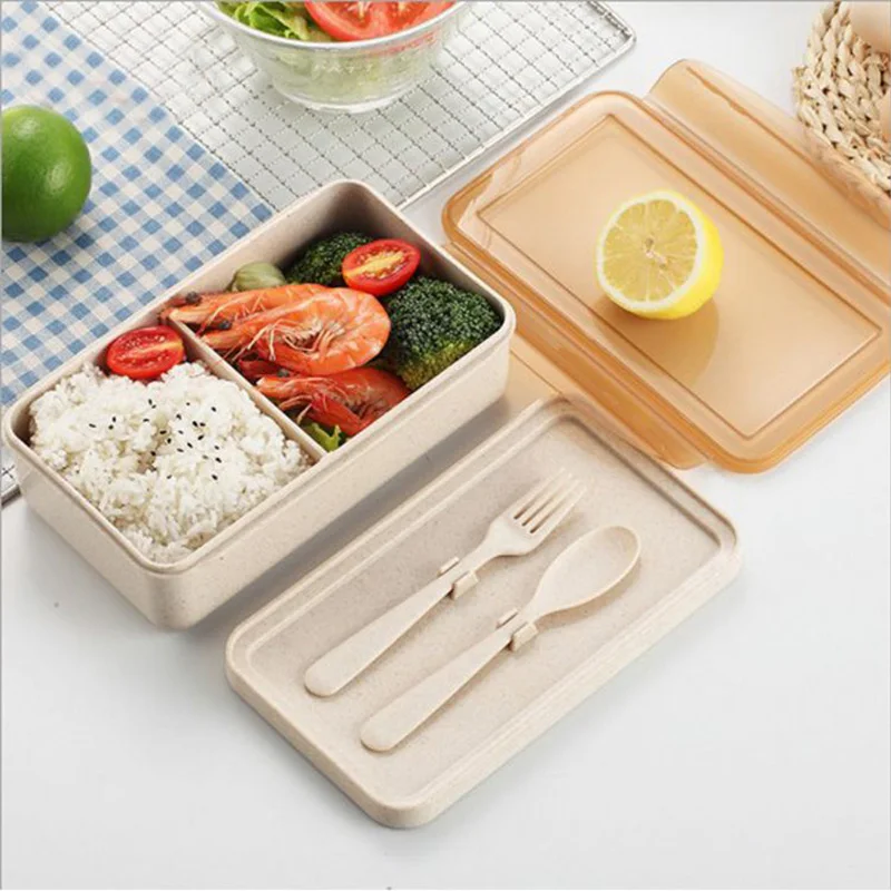 

Wheat Straw Lunch Boxs Containers with Compartments Spoon Fork Microwave Bento Box for Kids Picnic Food Container High Quality