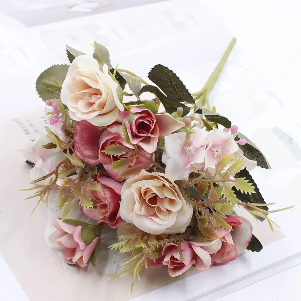 Искусственные цветы 13 голов/маленький букет бутонов шелковых роз имитация цветов листья зеленые вазы для дома осень украшает для
