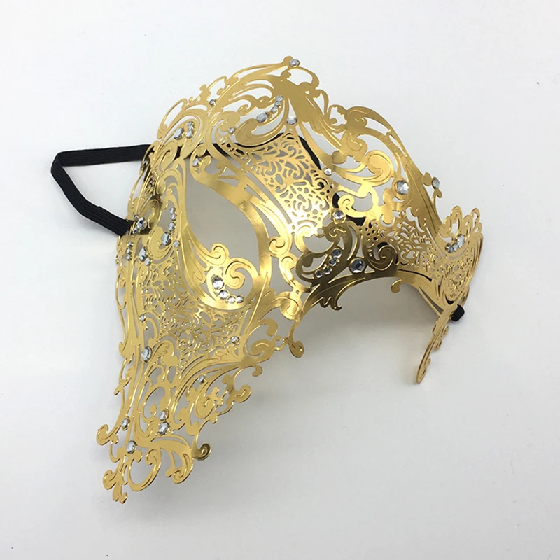 Черная золотая металлическая маска с черепом, стразы на Хэллоуин, Венецианская маска для маскарада на половину лица, мужские белые женские вечерние филигранные маски с черепом DA - Цвет: Золотой