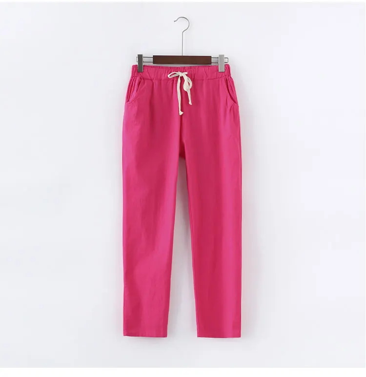 13 цветов женские брюки новые хлопковые льняные летние брюки с эластичной высокой талией корейские Капри легкие шаровары размера плюс - Цвет: fushia