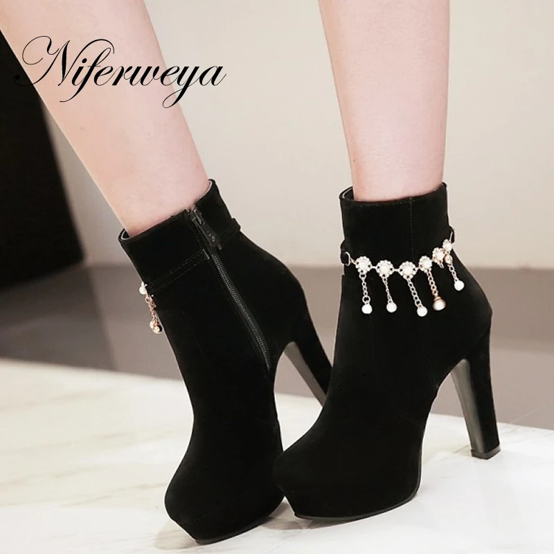

New Fashion winter/autumn thick heel women Ankle boots Big size 31-45 flock Round Toe Platform high heels zapatos mujer