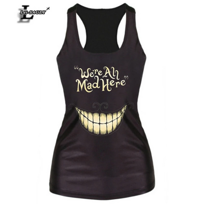 

"We're All Mad Here" Black Digital Printed Punk Tank Tops Fitness Women Fashion Vest Female Sexy Elastic Camisoles F60