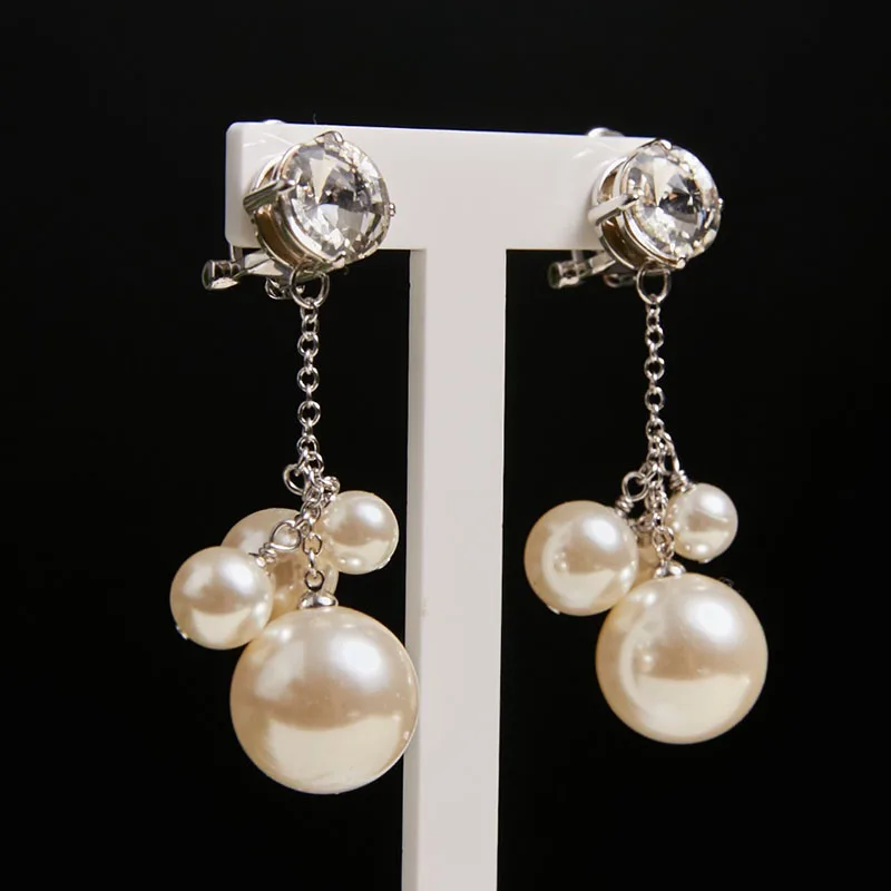 

Fashion Silver-color Pearl Pendant Long Chain Cubic Zirconia Long Earrings Bridal Wedding Pearl Jewelry Earrings