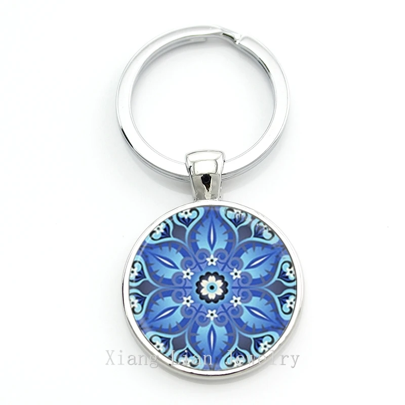 Mandala Key chain Sacred geometry Keychain jewelry handmade art glass pendant Keyring Key ring for Women New 2016 Gifts KC01