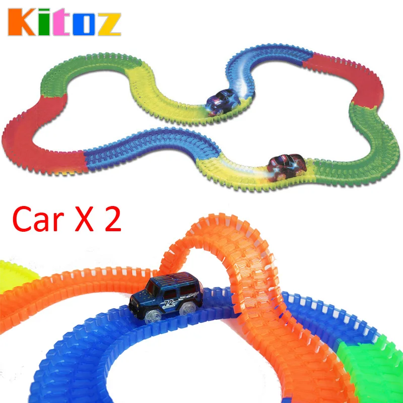 

Kitoz 220pcs Racing Car Track Slot Toy Glow In Dark Colorful Buildable Assembly Racetrack Court with Led Car Bend Flex Twist