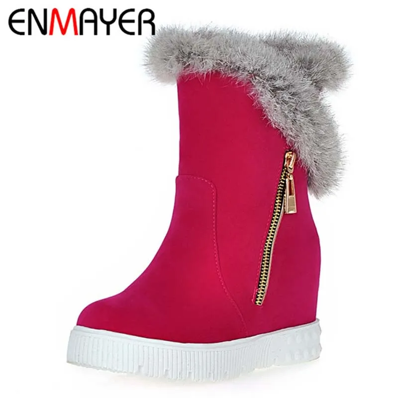 

ENMAYER Size 39 Advanced Flock Nubuck Leather Mid Calf Round Toe Height Increasing Boots For Women 5 Colors New Fashion Boots