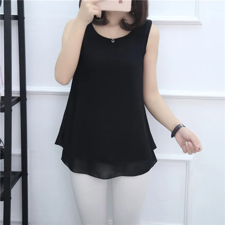 New Solid color Women Long Chiffon shirt summer Casual Top plus size S-6XL Loose sleeveless Blouse Double chiffon Blouses