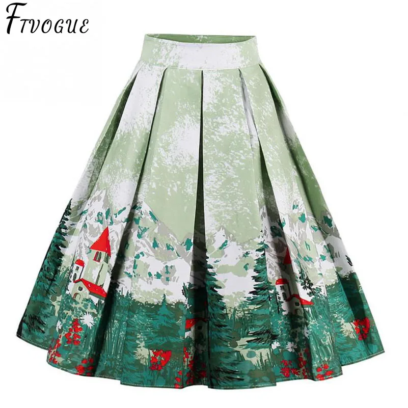New Retro Cotton Pleated Skirt High Waist Womens Landscape
